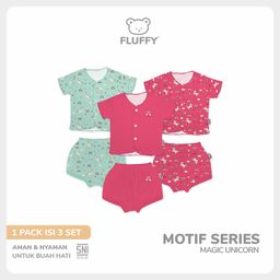 FLUFFY - Setelan Newborn Pendek Celana Pendek - Series Unicorn - Lembut & Standar SNI (Isi 3 Pasang)