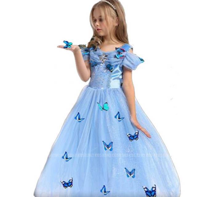 Dress Cinderella biru dan pink kupu-kupu/baju princess anak