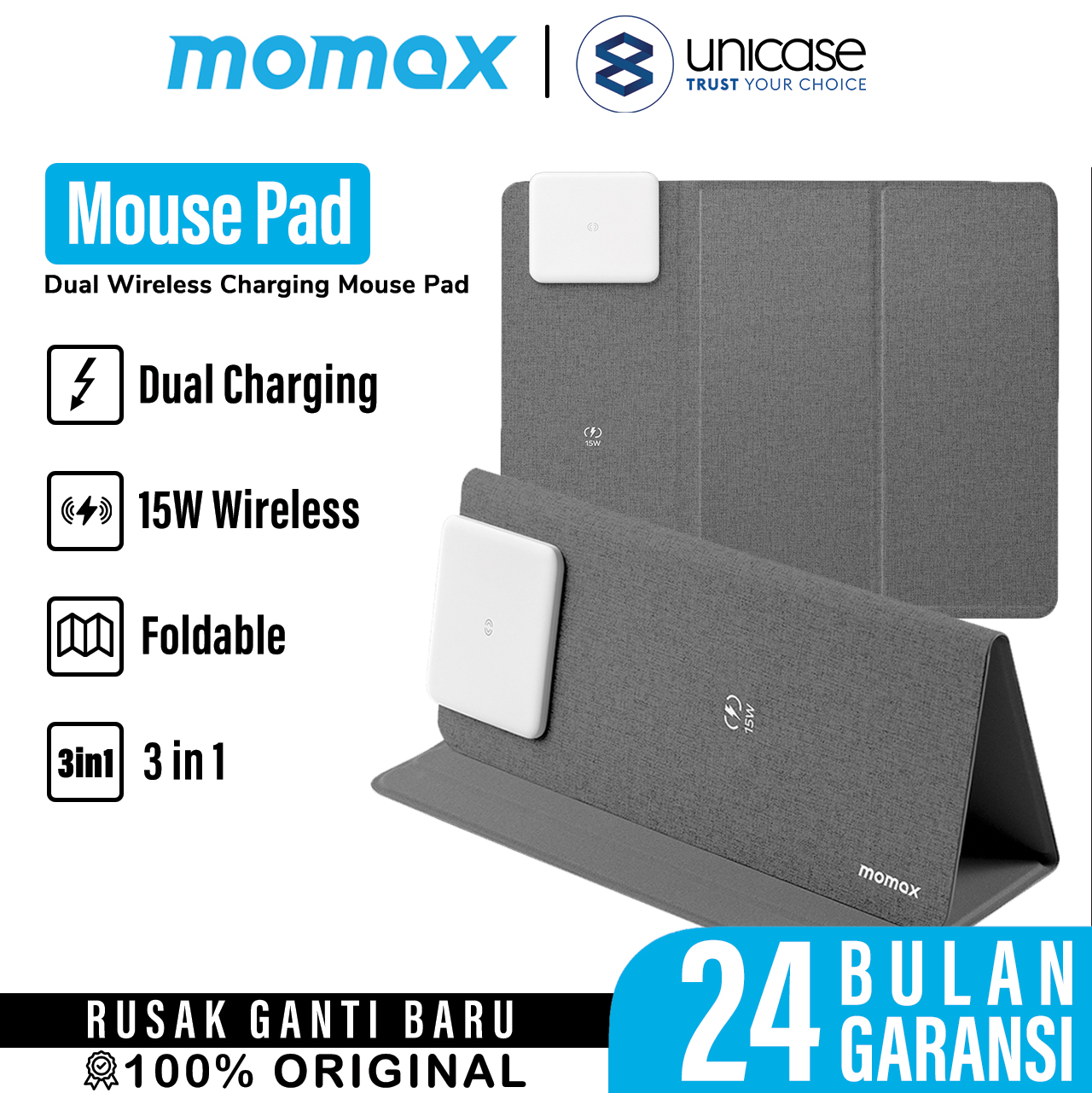 Momax Dual Wireless Charging Mouse Pad - Dark Grey QM3E