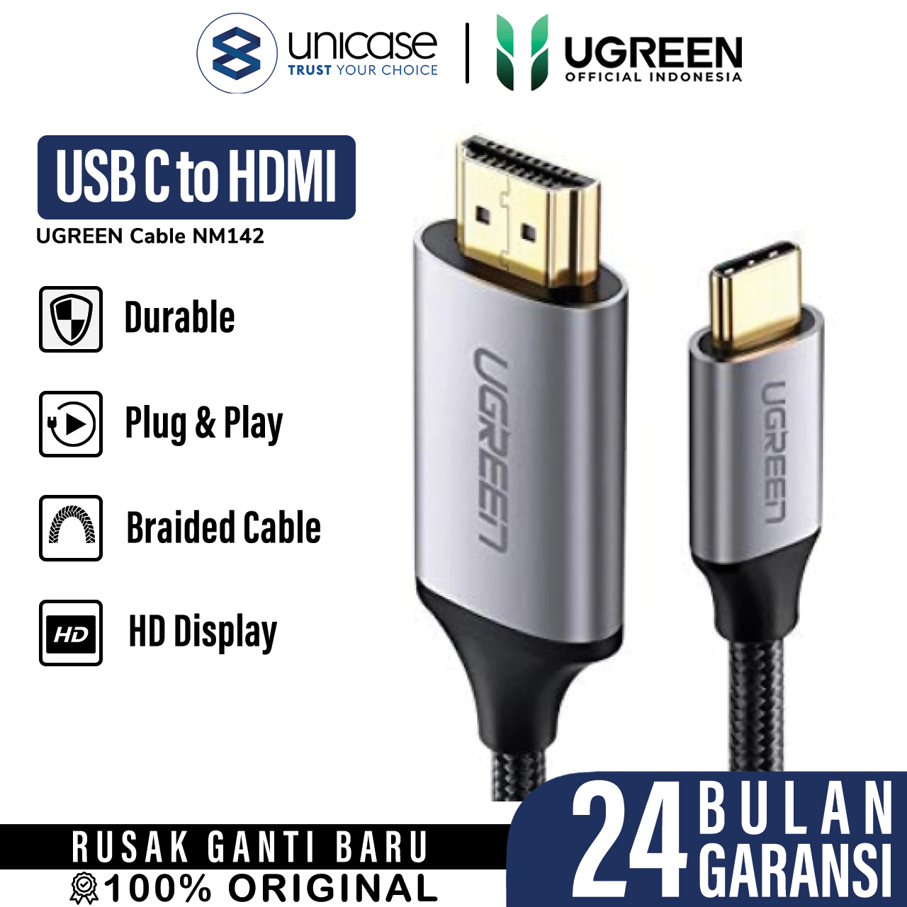 UGREEN Kabel Display USB - HDMI 4K 60Hz Braided 1.5m - Gray Black MM142 50570
