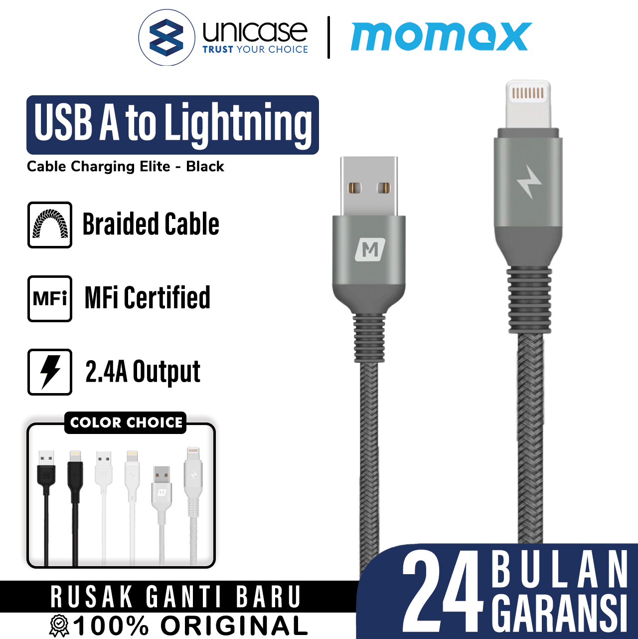 Momax Kabel Charger Lightning - USB A Braided Elite 1.2m - Black DL11D