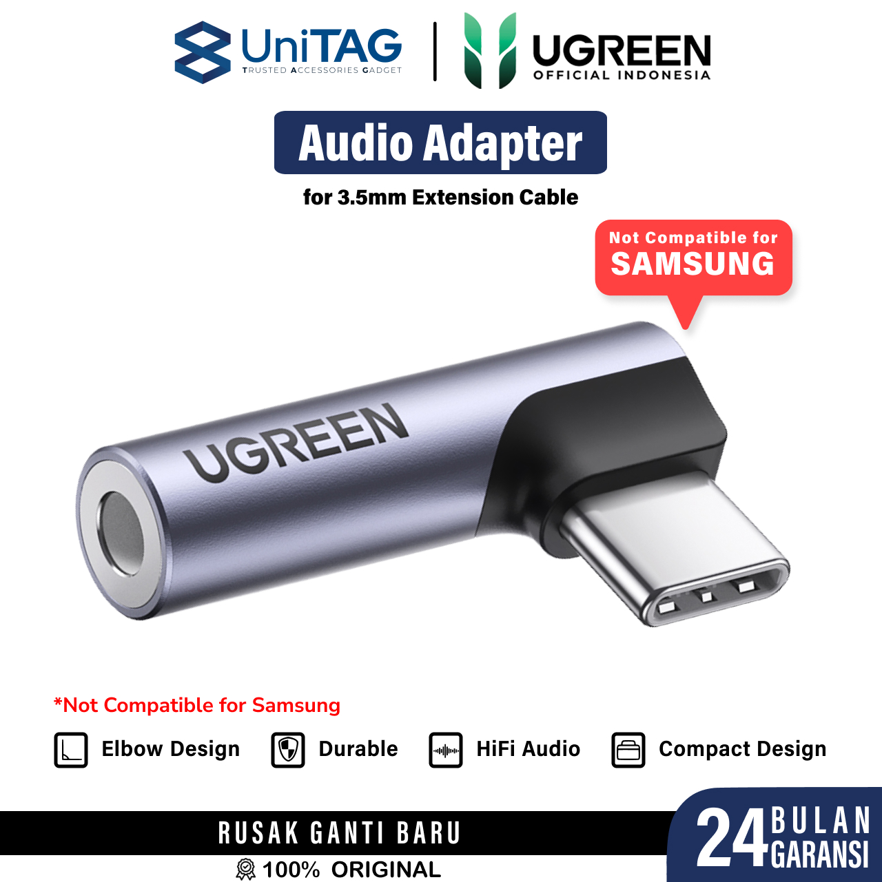 UGREEN Adapter Audio Gaming 90" USB C to Jack 3.5mm - Gray AV154 80384-1