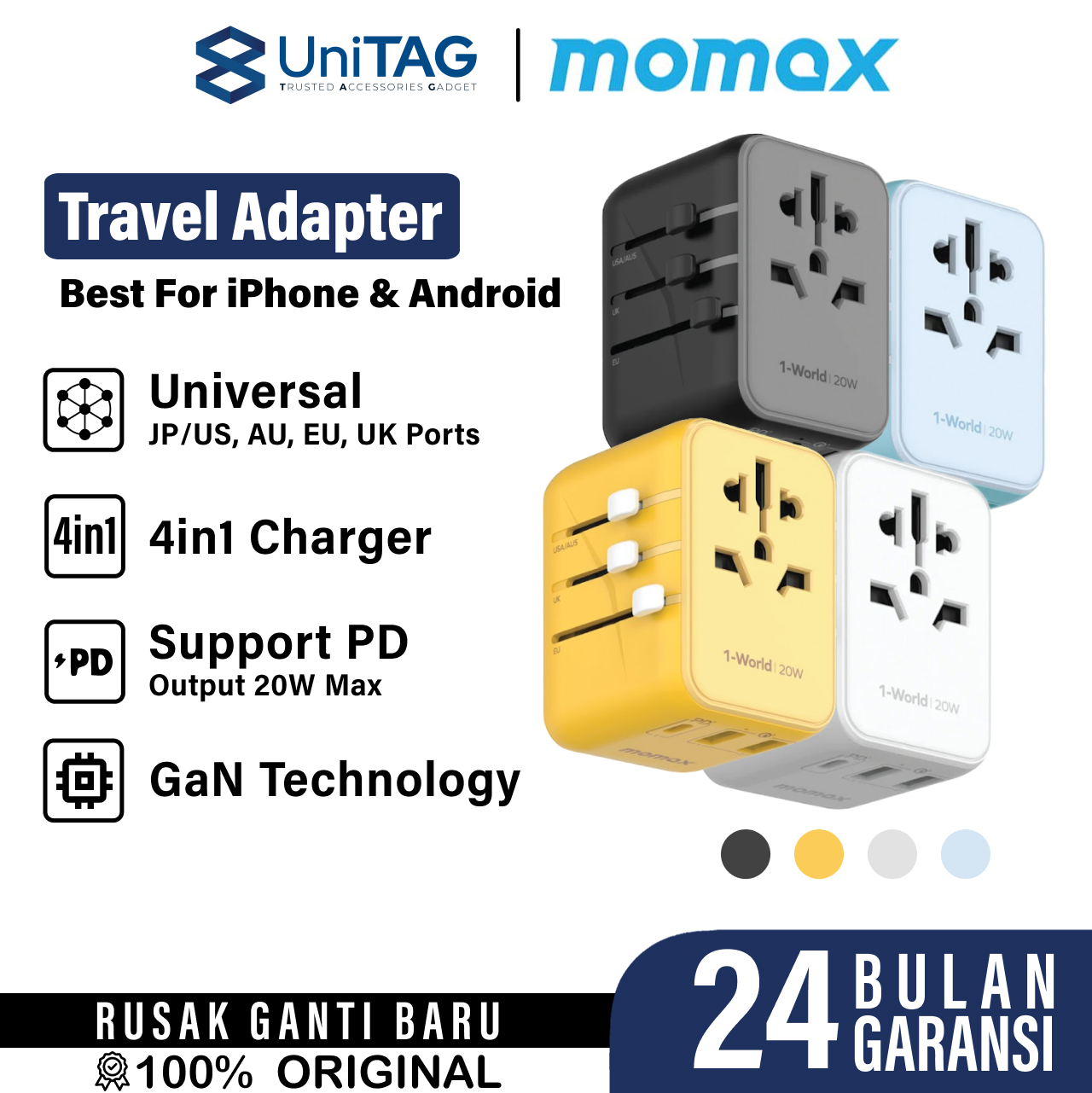 Momax Travel Adaptor 1-World 3-Port 2A 1C PD QC 20W - Blue UA11B