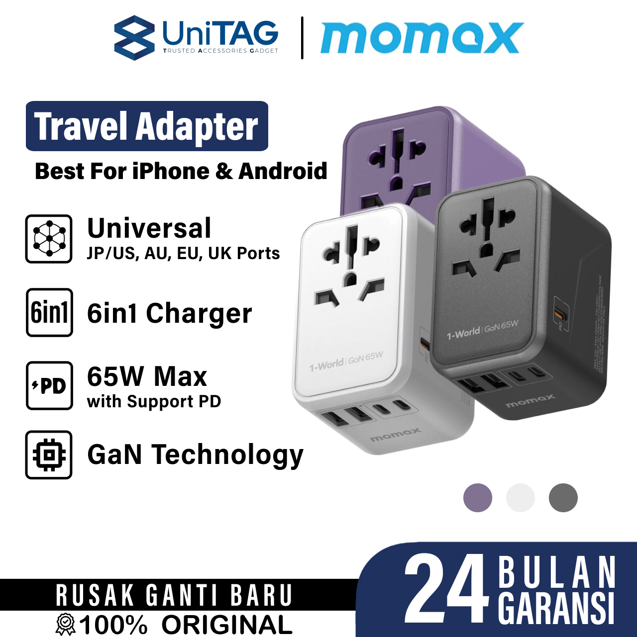 Momax Travel Adaptor 1-World Universal 4-Port 1A 3C PD QC GaN 140W (+Cable C to C 1m) - Black UA16GSD