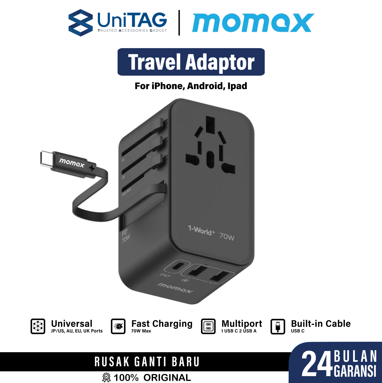 Momax Travel Adaptor 1-World+ 3-Port 2A 1C + Built-in USB C PD QC GaN 70W - Black UA18D