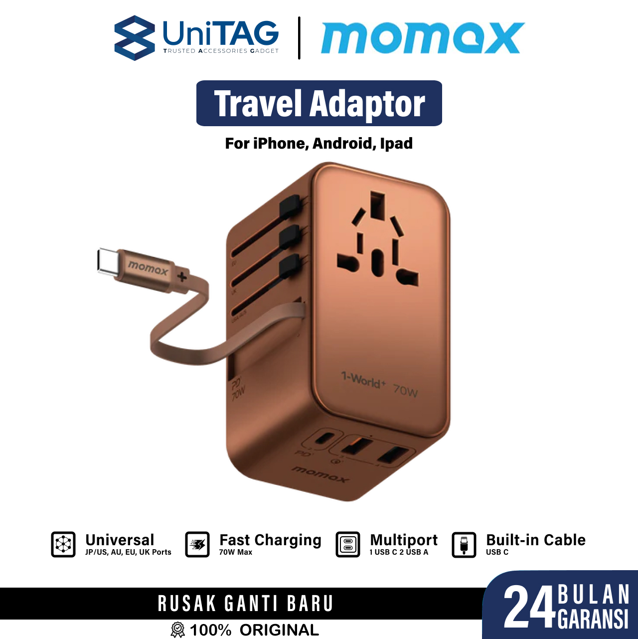 Momax Travel Adaptor 1-World+ 3-Port 2A 1C + Built-in USB C PD QC GaN 70W - Sandstone UA18L2