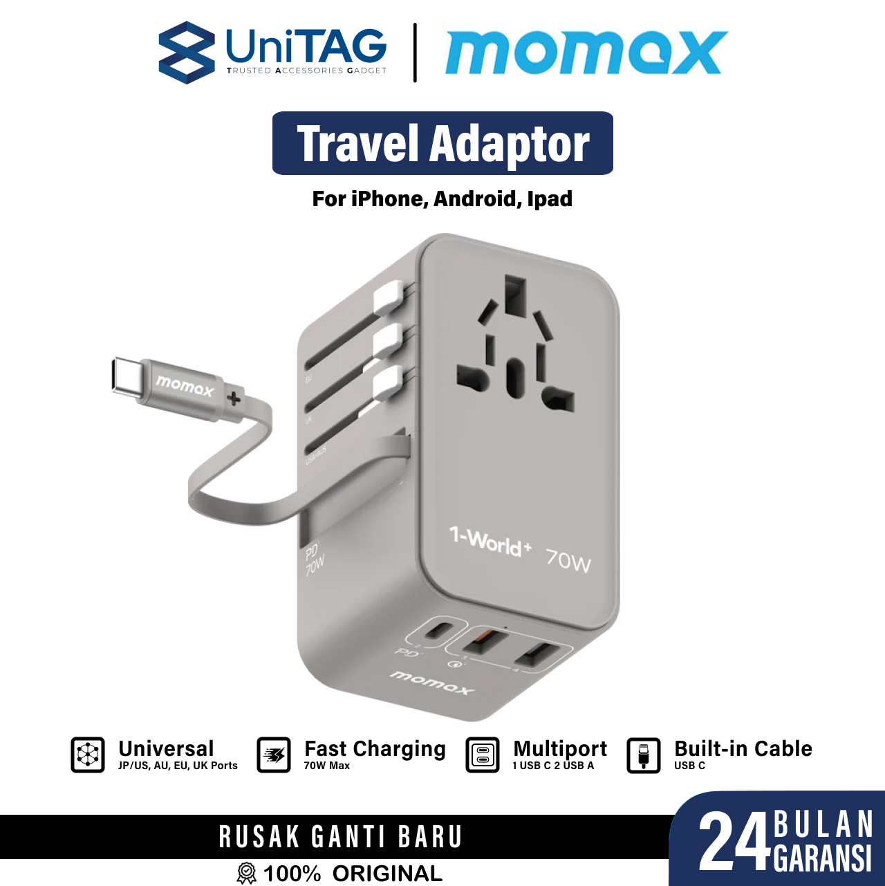 Momax Travel Adaptor 1-World+ 3-Port 2A 1C + Built-in USB C PD QC GaN 70W - Gray UA18E
