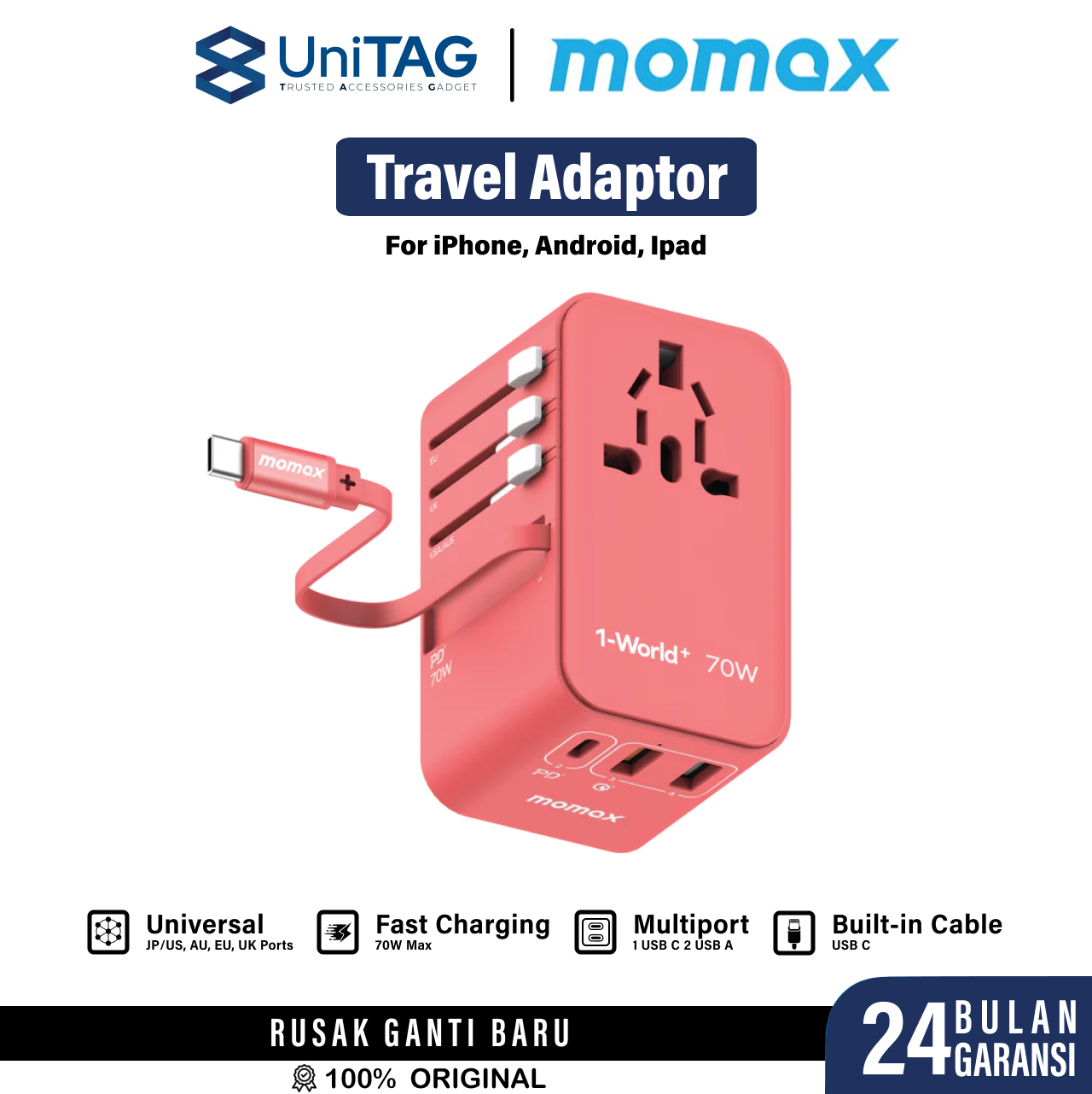 Momax Travel Adaptor 1-World+ 3-Port 2A 1C + Built-in USB C PD QC GaN 70W - Red UA18R