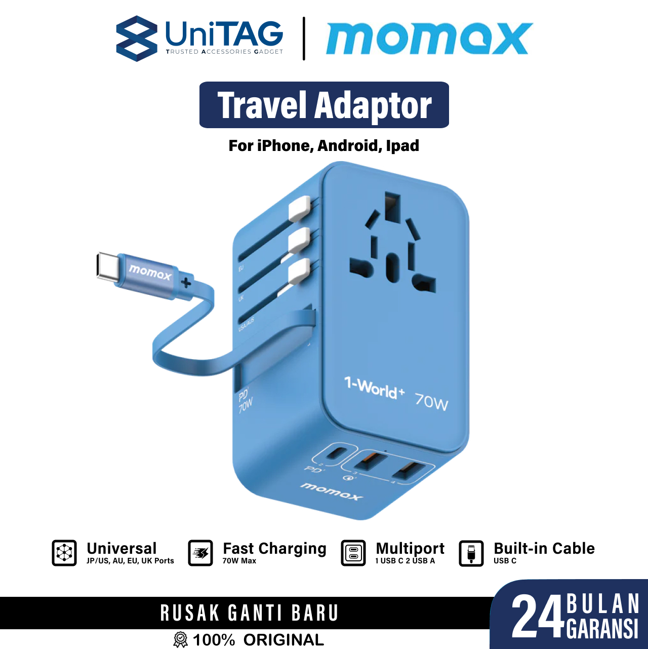 Momax Travel Adaptor 1-World+ 3-Port 2A 1C + Built-in USB C PD QC GaN 70W - Blue UA18B