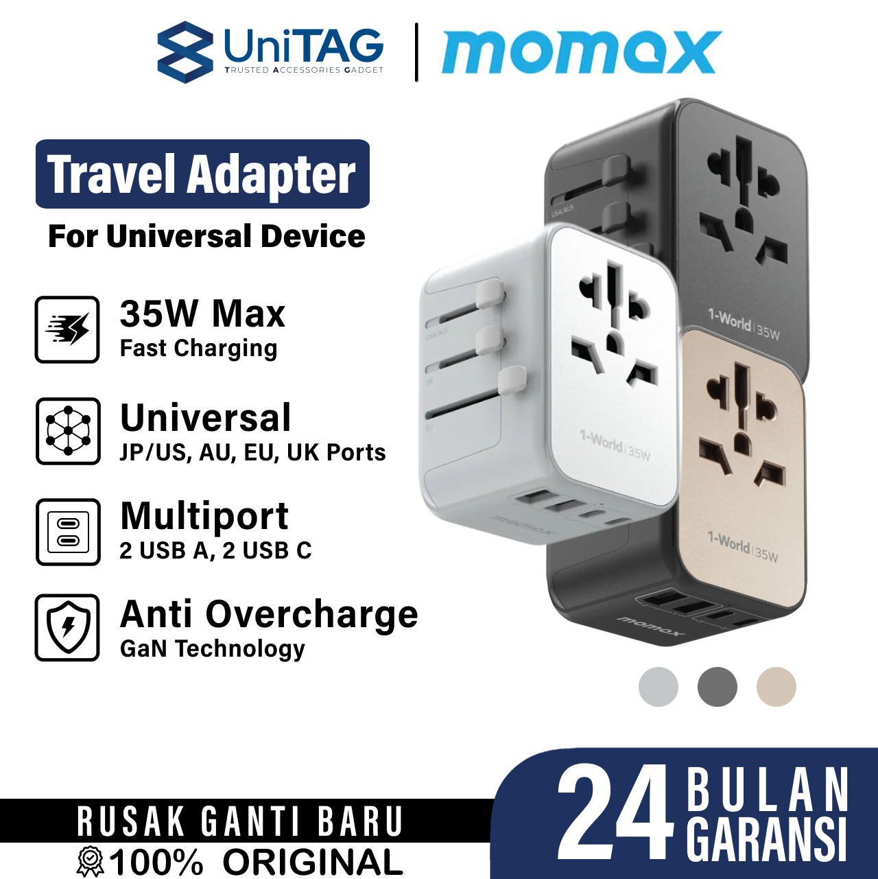 Momax Travel Adaptor 1-World 5-Port 2A 3C PD 35W - Titanium UA9E