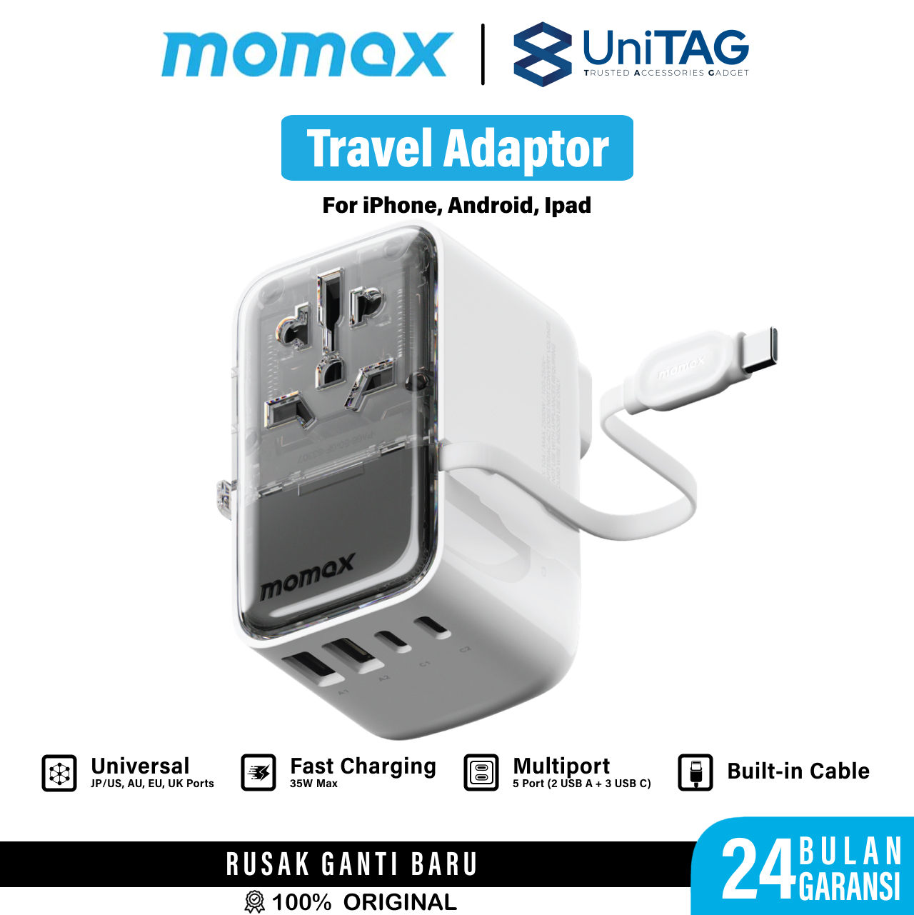 Momax Travel Adaptor 1-World+ Flow 4-Port 2A 2C + Built-in USB C 35W - White UA21W