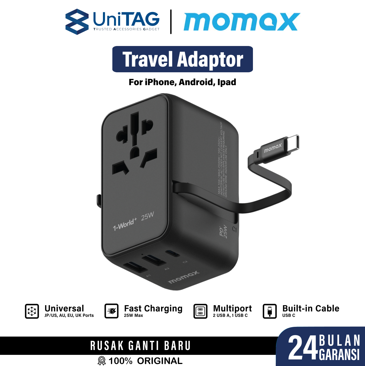 Momax Travel Adaptor 1-World+ 3-Port 2A 1C + Built-in USB C PD 25W - Black UA20D