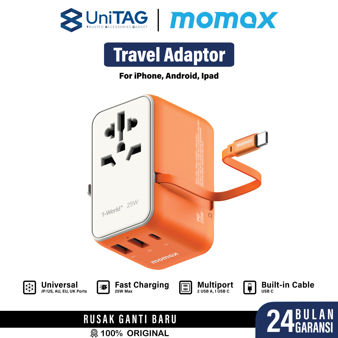 Momax Travel Adaptor 1-World+ 3-Port 2A 1C + Built-in USB C PD 25W - Orange UA20M
