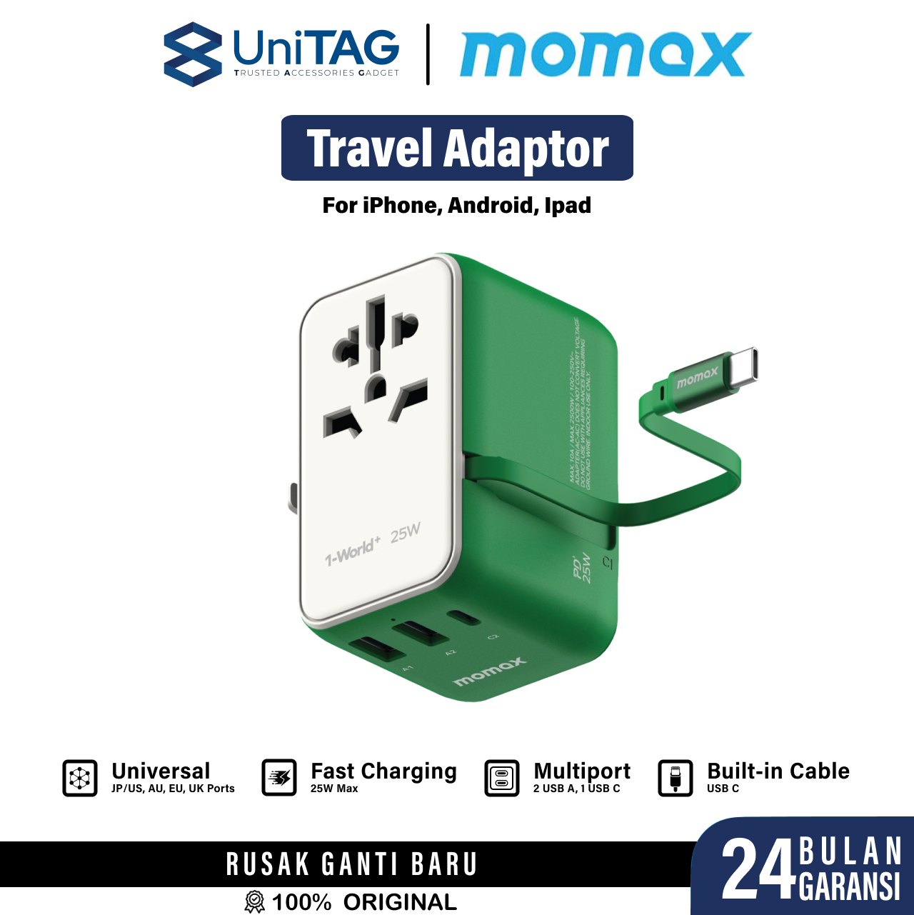 Momax Travel Adaptor 1-World+ 3-Port 2A 1C + Built-in USB C PD 25W - Green UA20G
