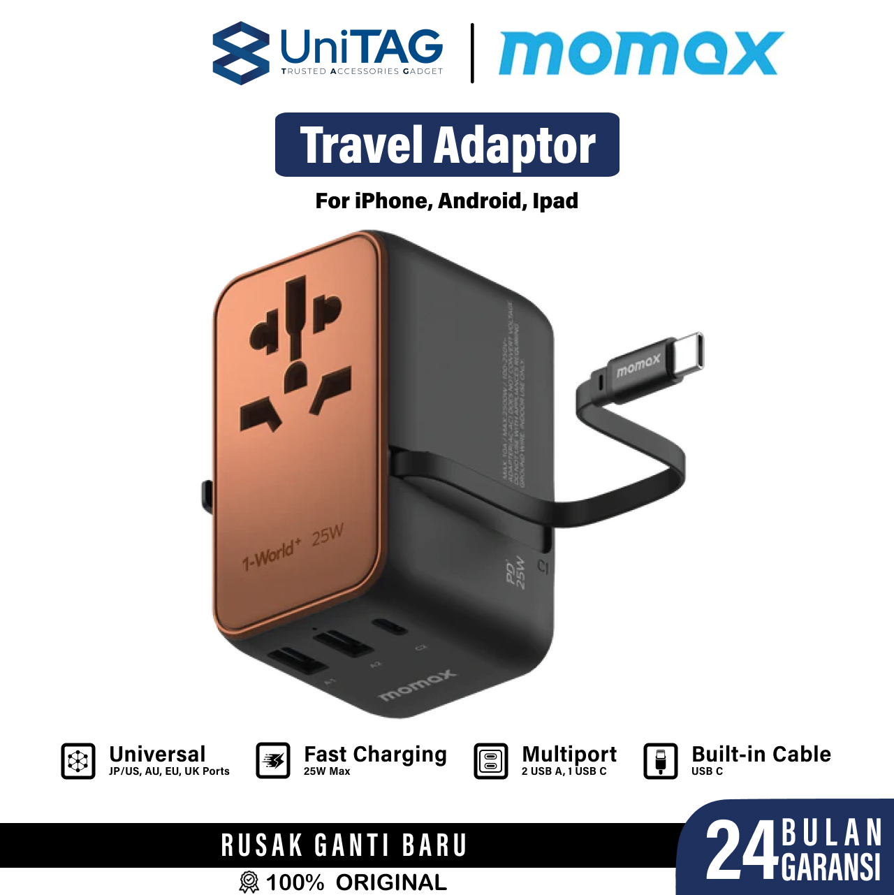 Momax Travel Adaptor 1-World+ 3-Port 2A 1C + Built-in USB C PD 25W - Desert Titanium UA20L2