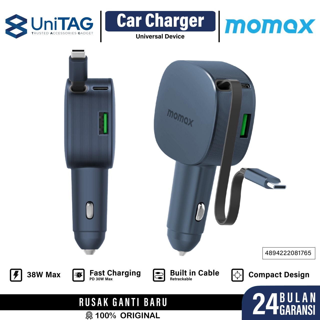 Momax Car Charger 1-MOVE+ 1A 1C Built-in USB C PD 60W - Grey UC19E