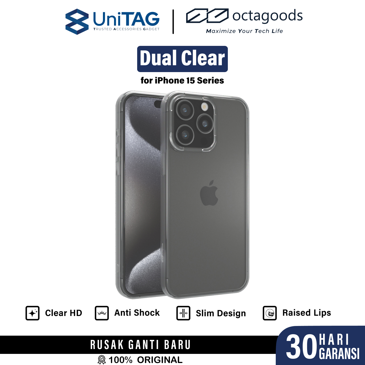 Octagoods iPhone 15 Pro Case Dual Clear - Clear K28062