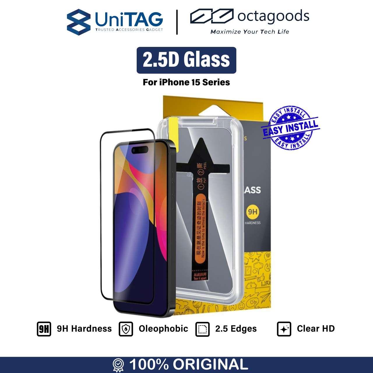 Octagoods iPhone 15 Tempered Glass with Tray - Clear WCC035-1