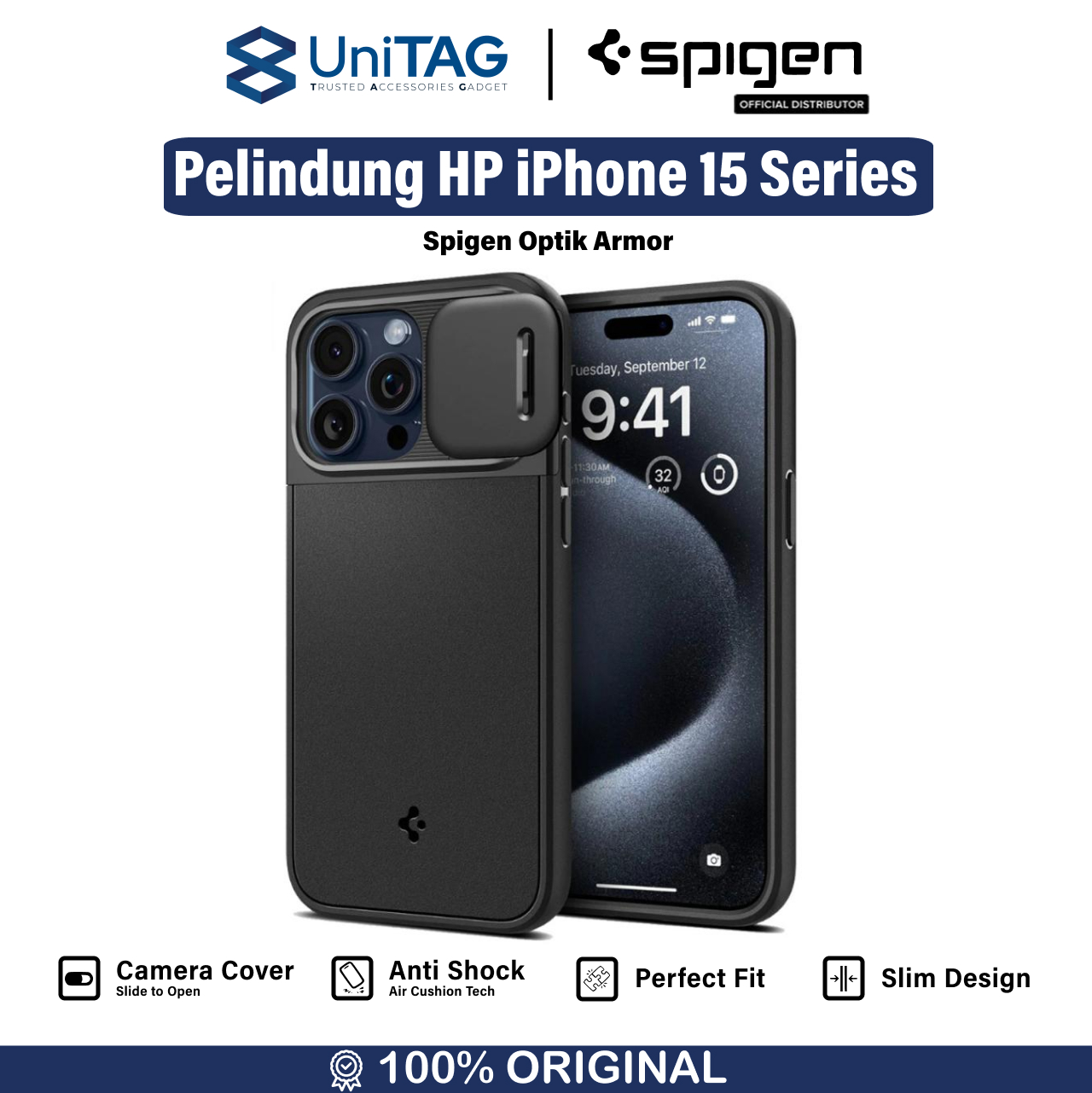 Case iPhone 15 Pro Max Plus Spigen Optik Armor Camera Slide Soft Cover