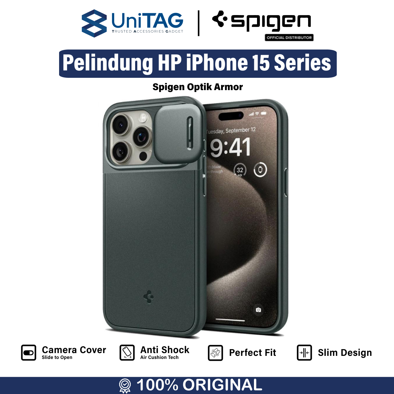 Spigen iPhone 15 Pro Max Case Magsafe + Camera Cover Optik Armor MagFit - Abyss Green ACS06600