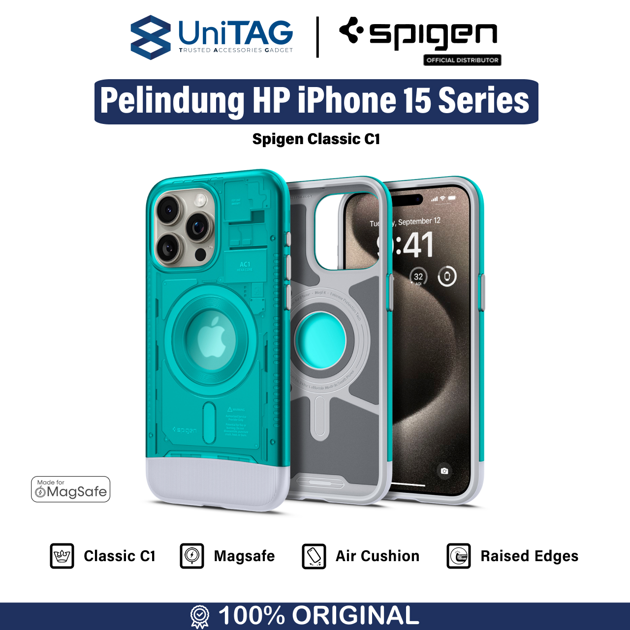Spigen iPhone 15 Pro Case Magsafe Classic C1 Magfit - Bondi Blue ACS06743