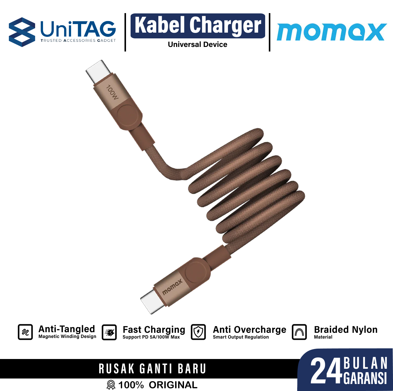 Momax Kabel Charger USB C - USB C 100W Mag Link PD 3.0 QC 3.0 1m - Gold DC52L2
