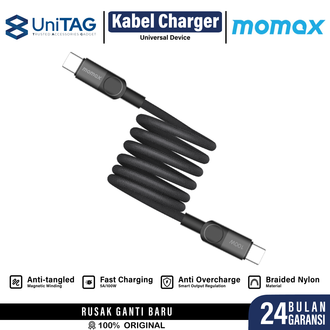 Momax Kabel Charger USB C - USB C 100W Mag Link PD 3.0 QC 3.0 1m - Black DC52D