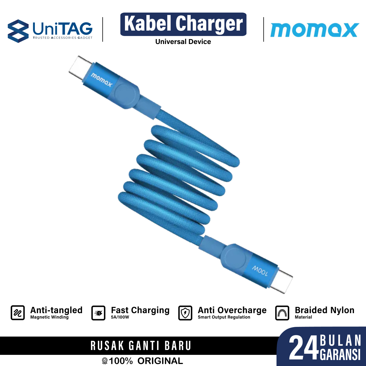 Momax Kabel Charger USB C - USB C 100W Mag Link PD 3.0 QC 3.0 1m - Blue DC52B