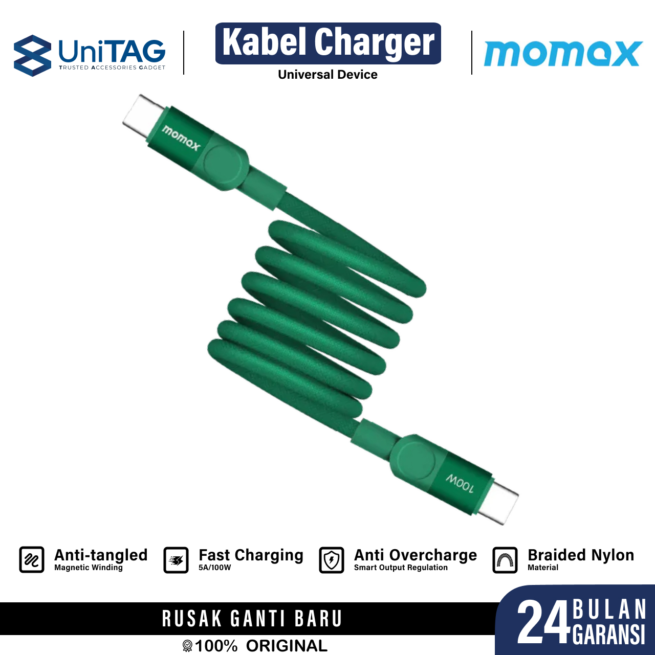 Momax Kabel Charger USB C - USB C 100W Mag Link PD 3.0 QC 3.0 1m - Green DC52G