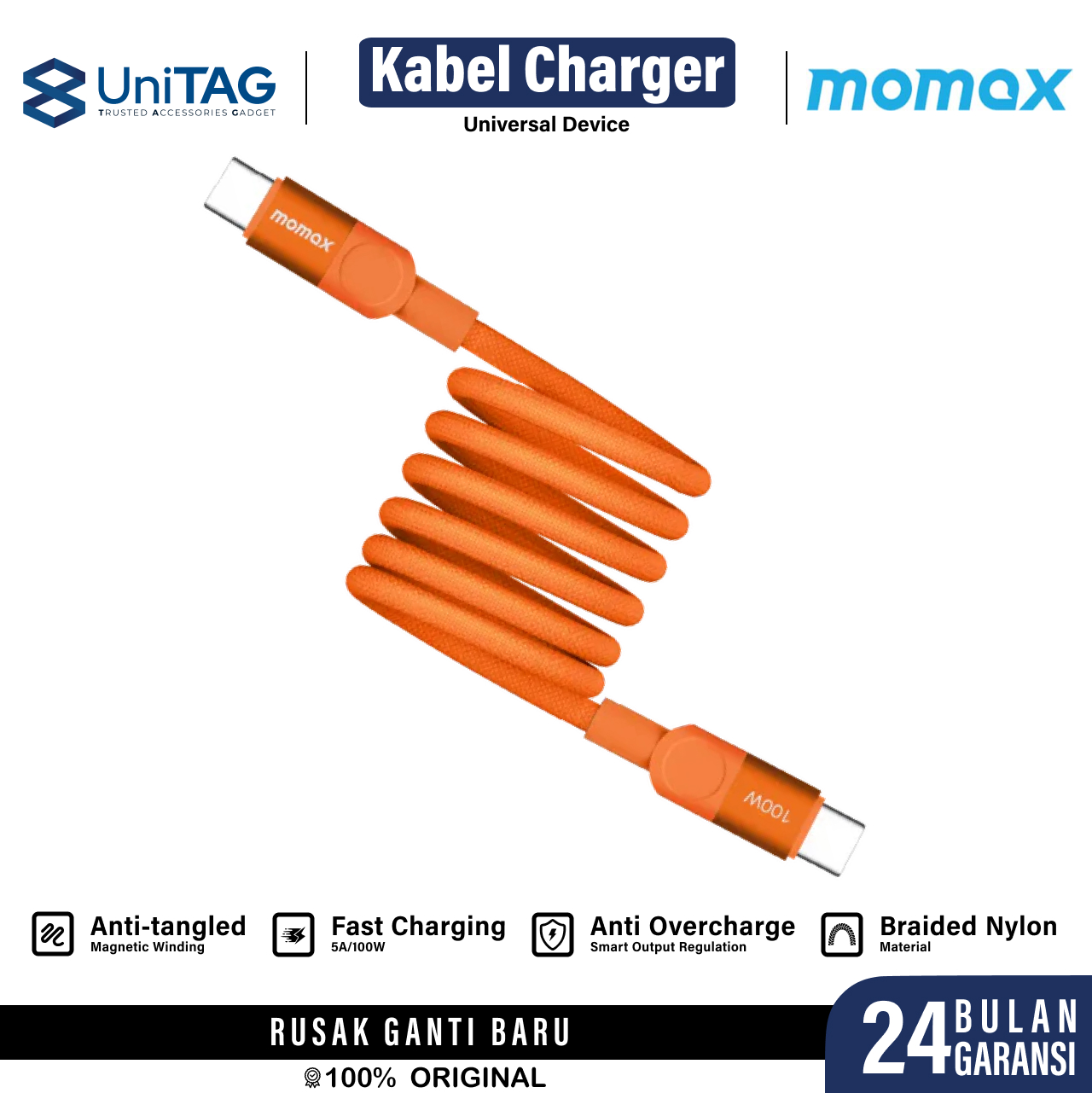 Momax Kabel Charger USB C - USB C 100W Mag Link PD 3.0 QC 3.0 1m - Orange DC52M