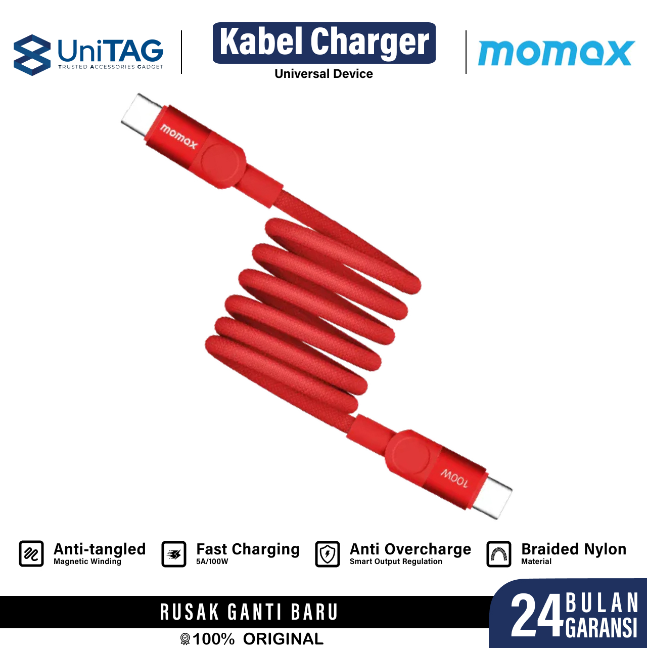 Momax Kabel Charger USB C - USB C 100W Mag Link PD 3.0 QC 3.0 1m - Red DC52R