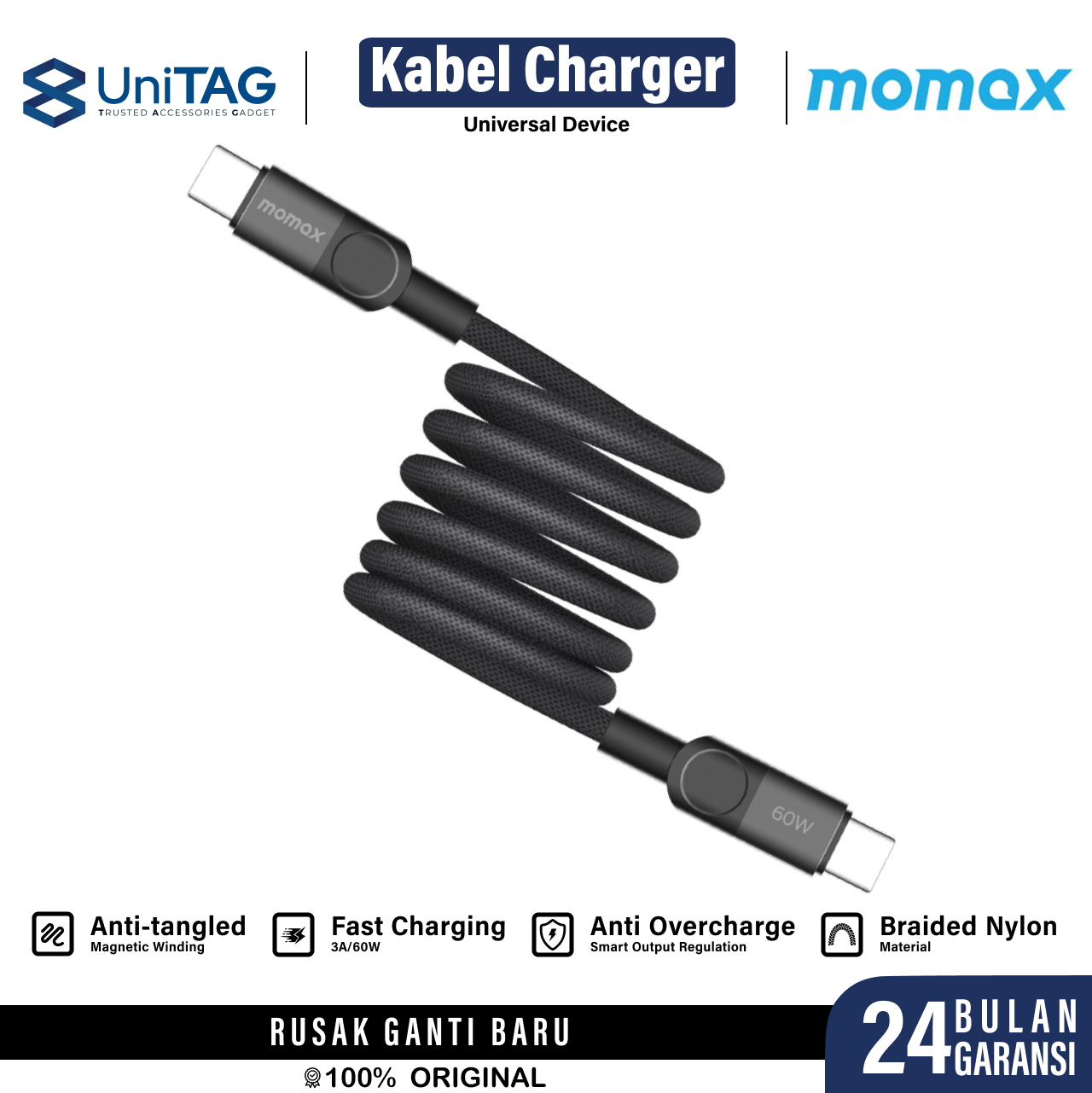 Momax Kabel Charger USB C - USB C 60W Mag Link 1m - Black DC60D