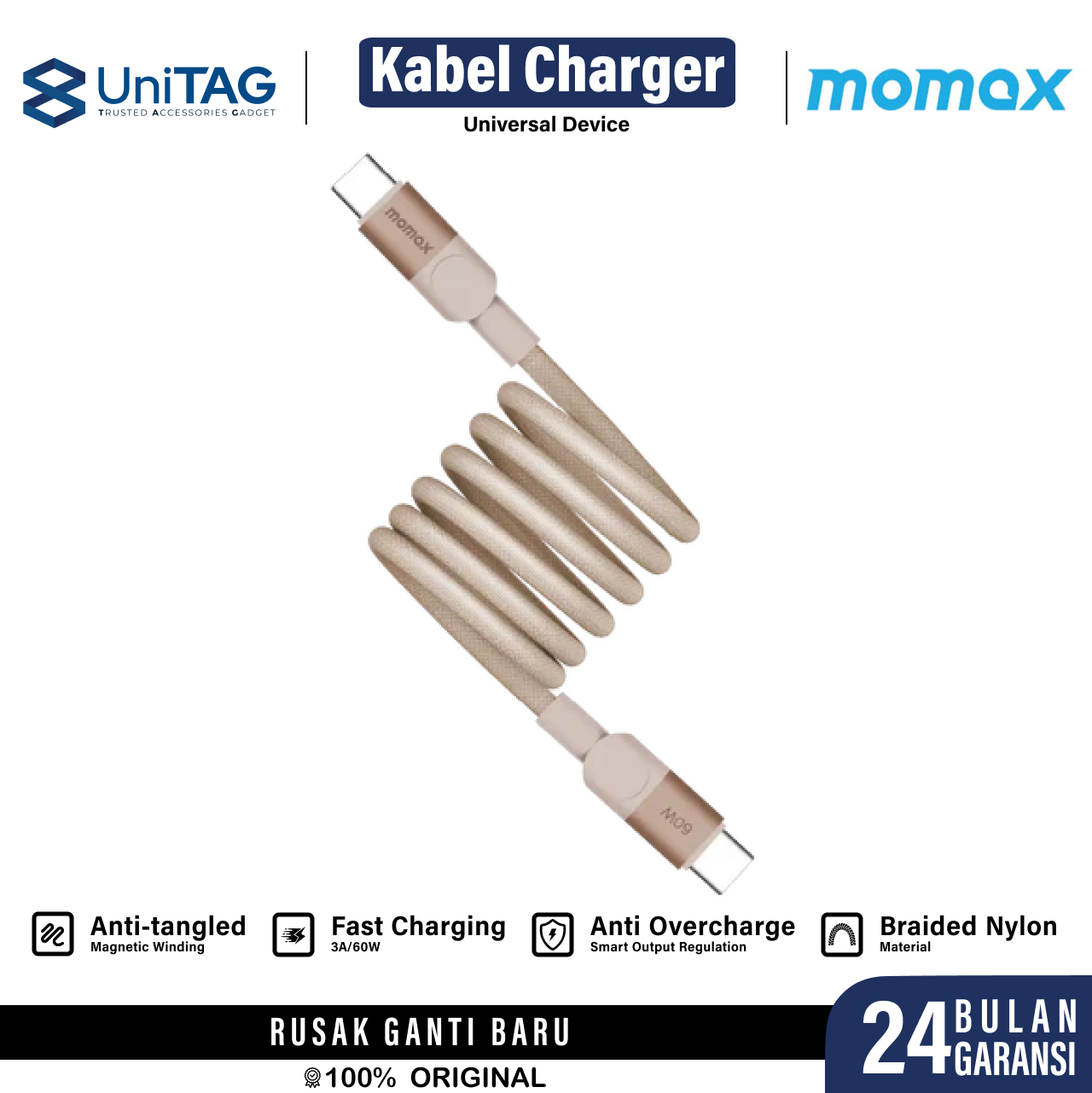 Momax Kabel Charger USB C - USB C 60W Mag Link 2m - Gold DC61L2