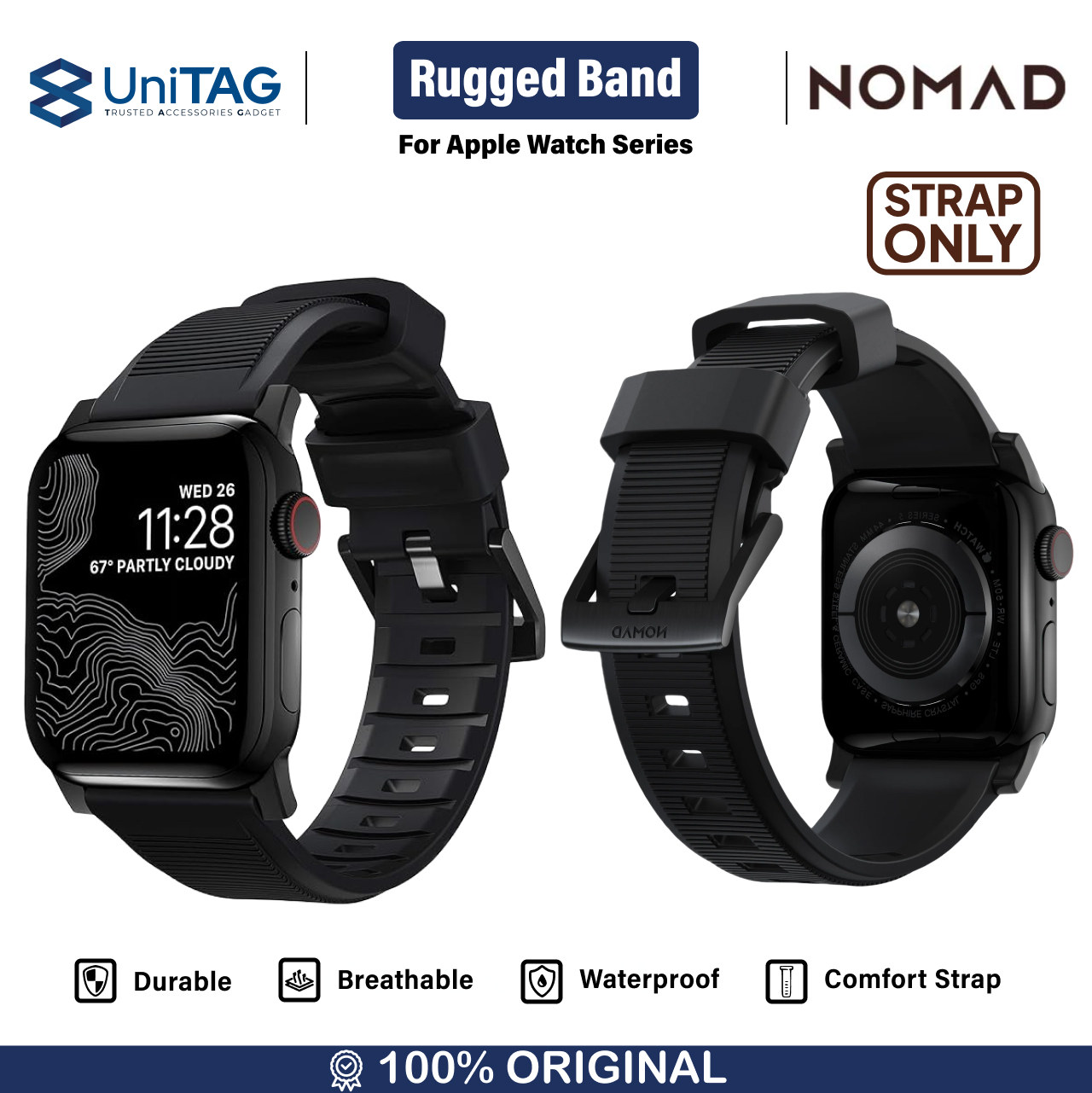 Nomad Apple Watch 49mm / 46mm / 45mm / 44mm / 42mm (Series 3 / 2 / 1) Rugged Strap V2 FKM - Black Hardware NM1A41BN00