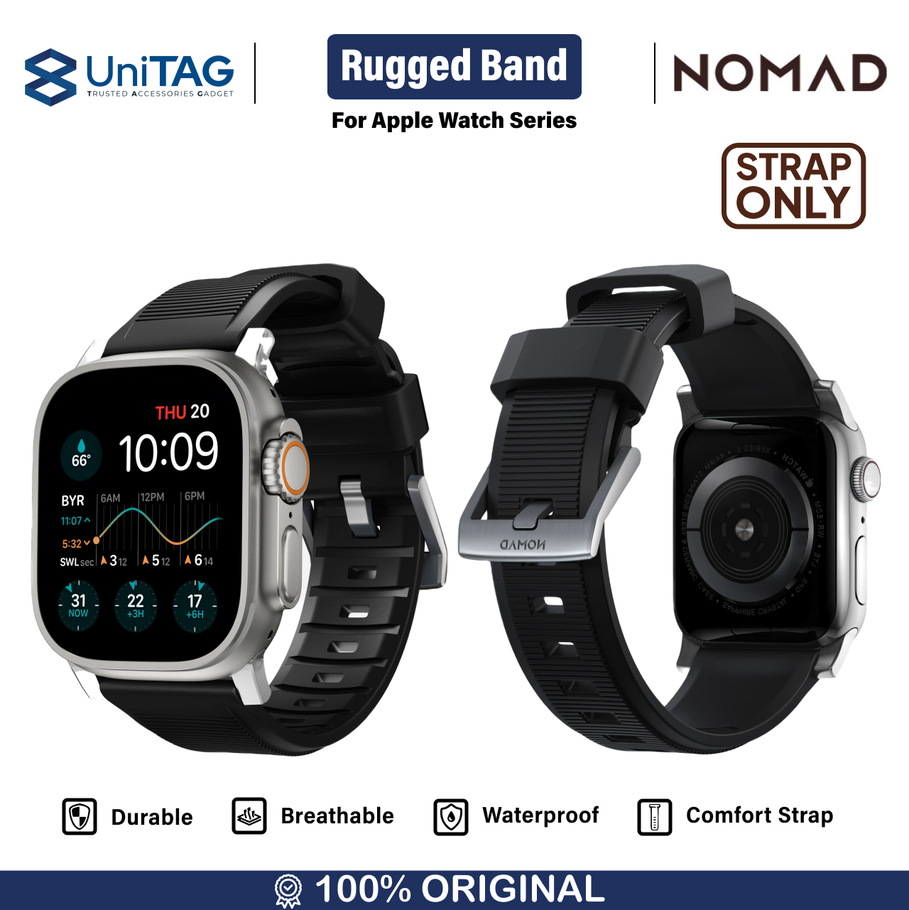 Nomad Apple Watch 49mm / 46mm / 45mm / 44mm / 42mm (Series 3 / 2 / 1) Rugged Strap V2 FKM - Silver Hardware NM1A41SN00