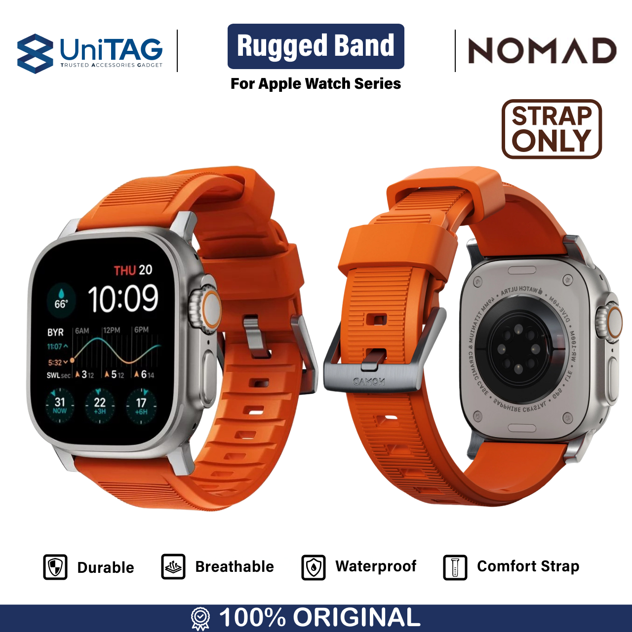 Nomad Apple Watch 49mm / 46mm / 45mm / 44mm / 42mm (Series 3 / 2 / 1) Strap Rugged Band - Ultra Orange Strap Silver Hardware NM01287285