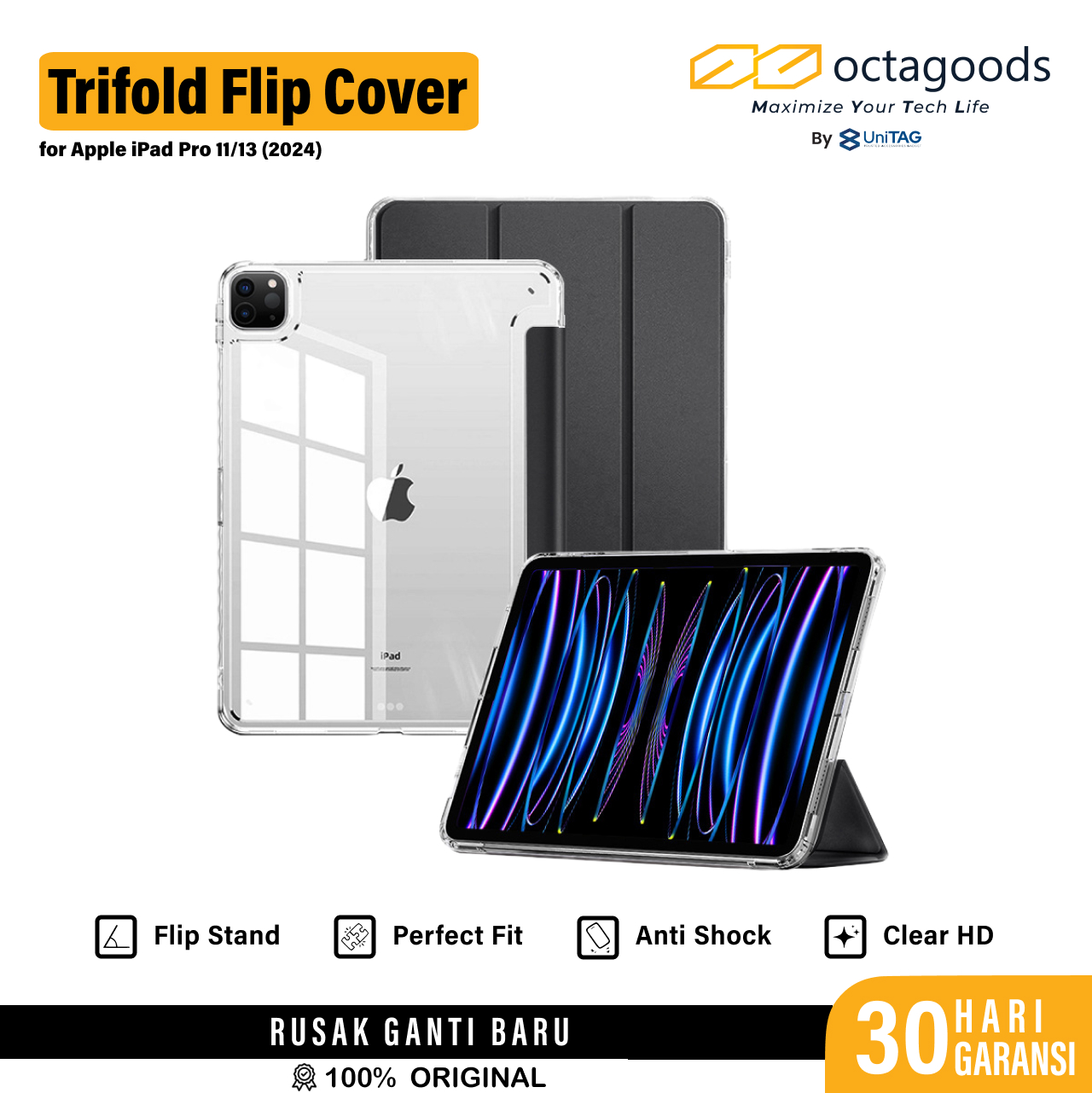 Octagoods iPad Pro 11" (2025 / 2024) Case Trifold Flip Cover - Clear black PB55028