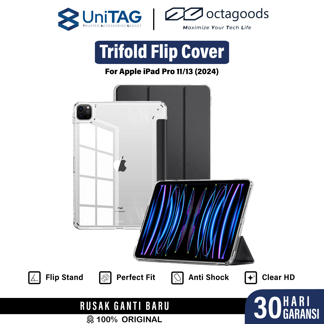 Octagoods iPad Pro 11" (2025 / 2024) Case Trifold Flip Cover - Clear black PB55028
