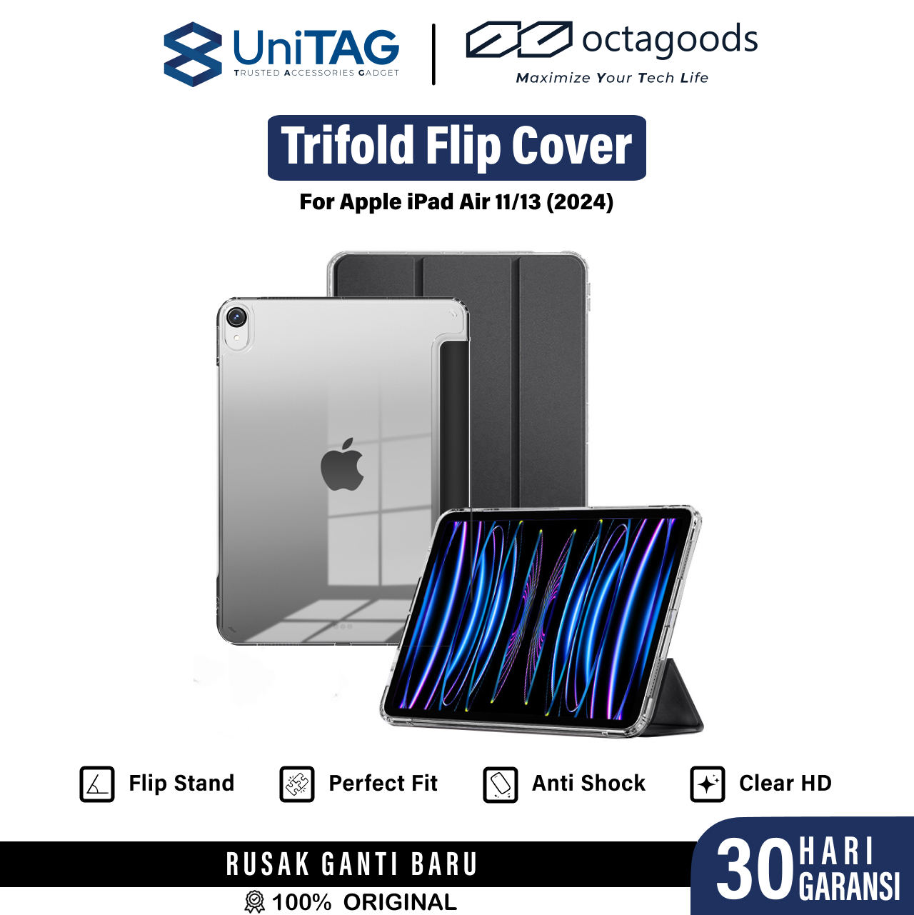Octagoods iPad Air 11" (2025 / 2024) Case Trifold Flip Cover - Clear black PB55025