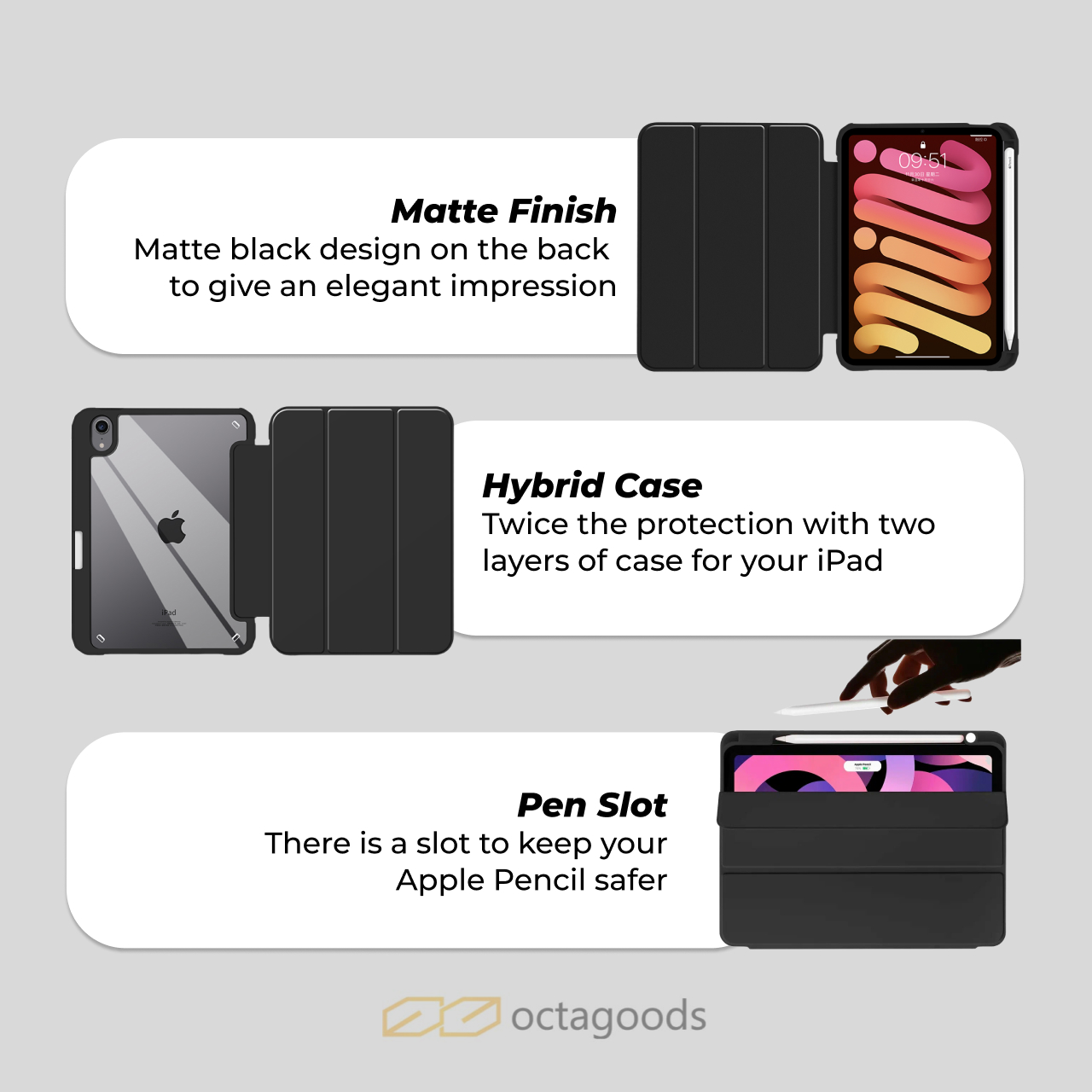Octagoods iPad Air 11" (2025 / 2024) Case Pen Slot Hybrid Silicone - Clear PB55032