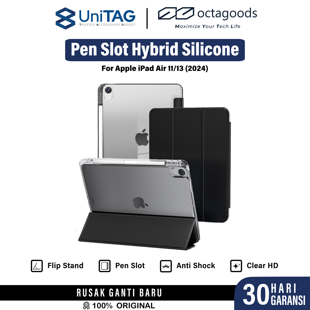 Octagoods iPad Air 11" (2025 / 2024) Case Pen Slot Hybrid Silicone - Clear PB55032