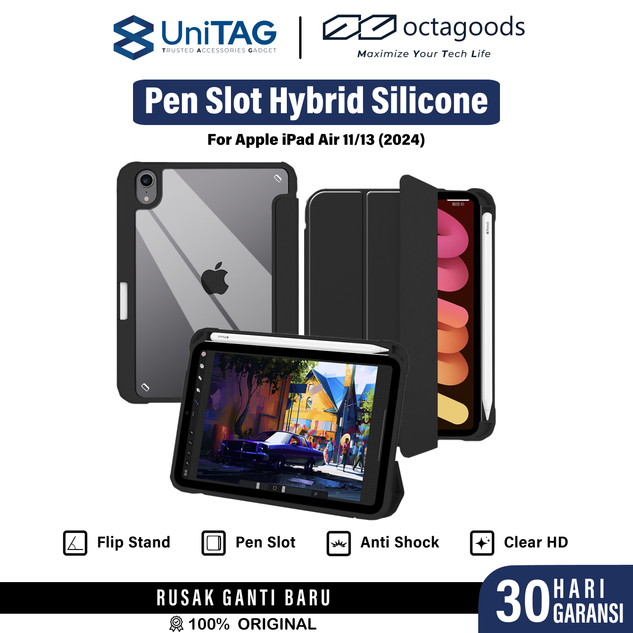 Octagoods iPad Air 13" (2025 / 2024) Case Pen Slot Hybrid Silicone - Matte Black PB55030