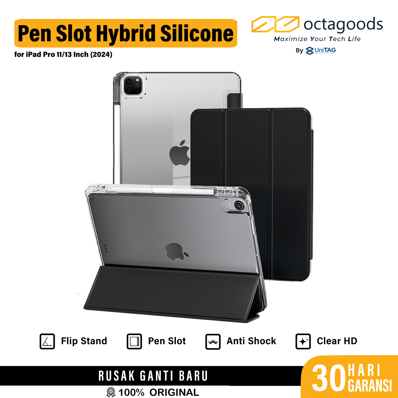 Octagoods iPad Pro 11" (2025 / 2024) Case Pen Slot Hybrid Silicone - Clear PB55033