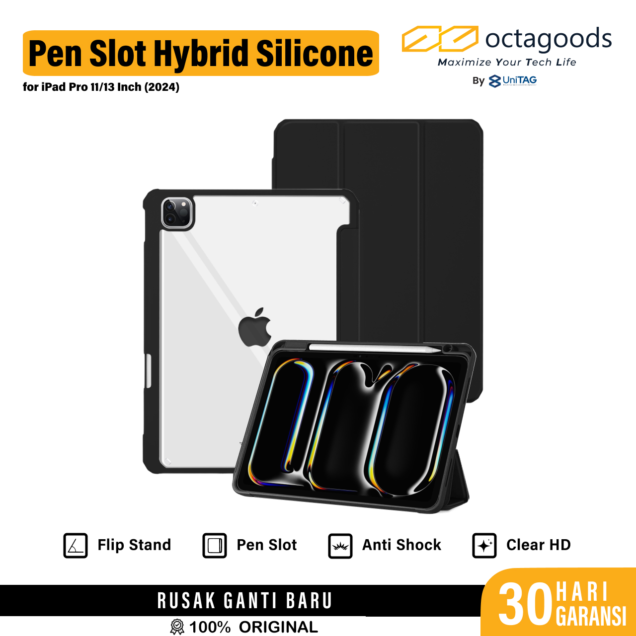 Octagoods iPad Pro 11" (2025 / 2024) Case Pen Slot Hybrid Silicone - Matte Black PB55029