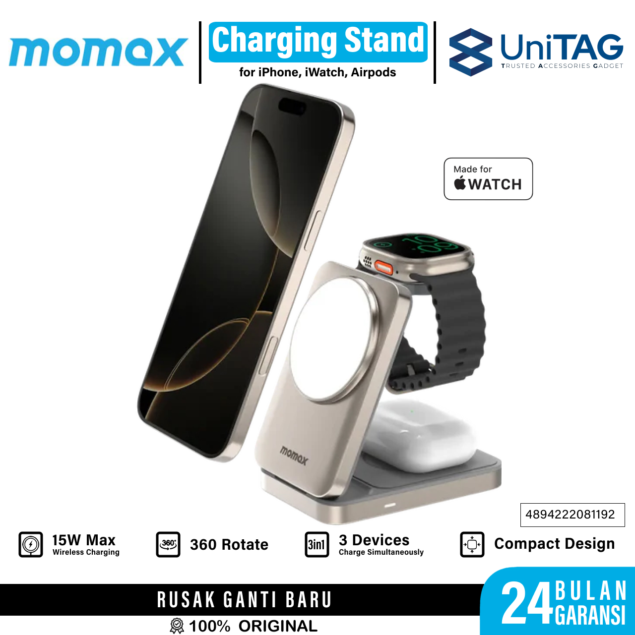 Momax Magsafe Wireless Charger Stand 3 in 1 Q.Port Qi2 1-Charge - Titanium UD36L