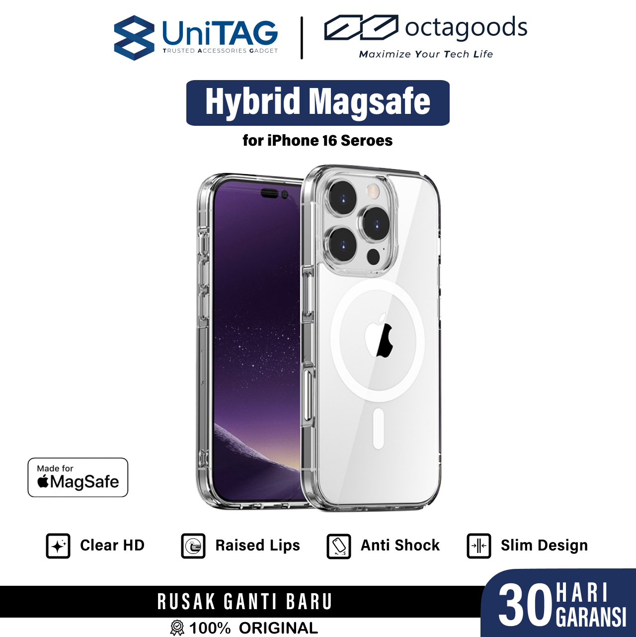 Octagoods iPhone 16 Pro Case Hybrid Magsafe - Clear K28089