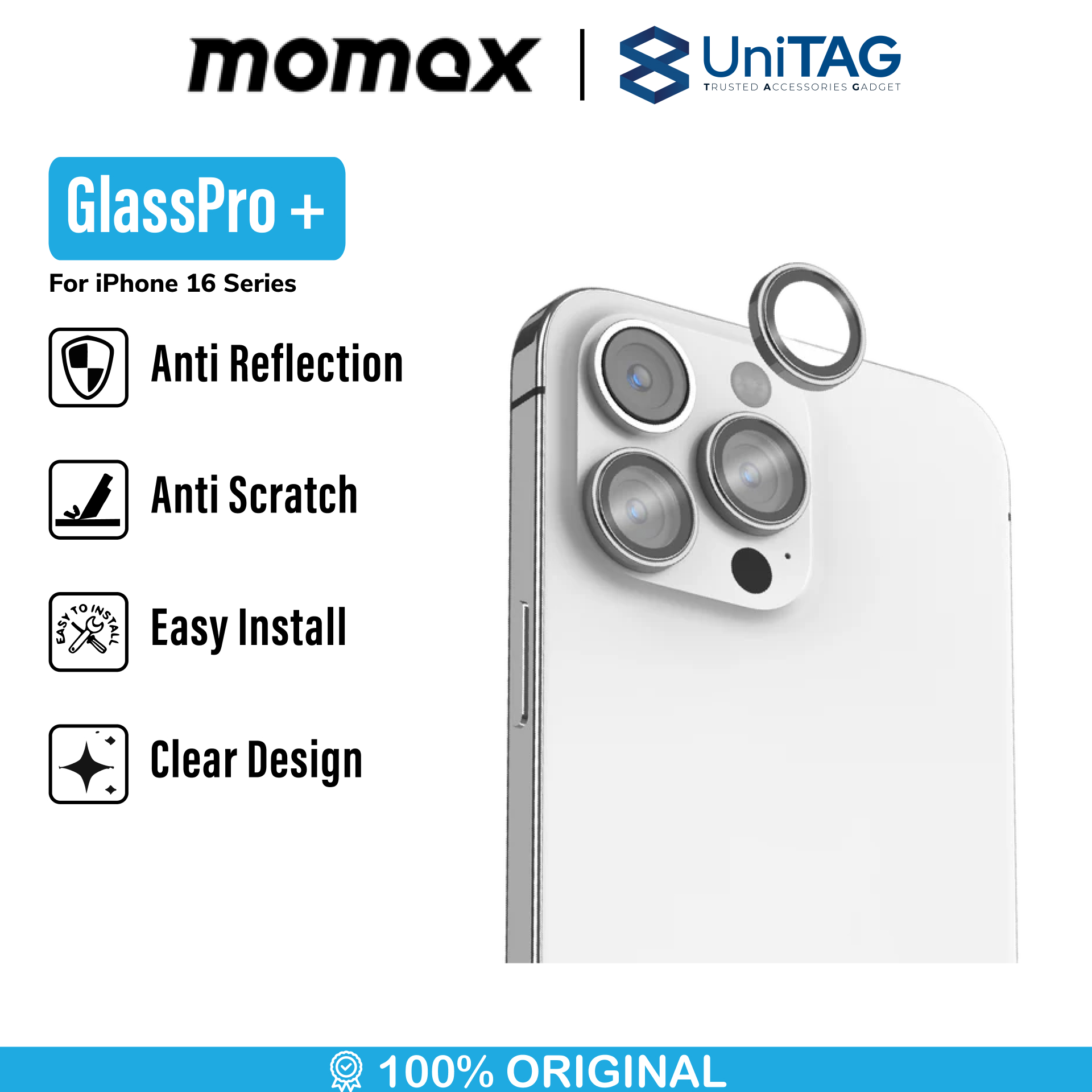 Momax iPhone 16 Pro Max / 16 Pro Camera Lens Protector GlassPro+ Full Coverage - Transparent Black PZAP24CL1D