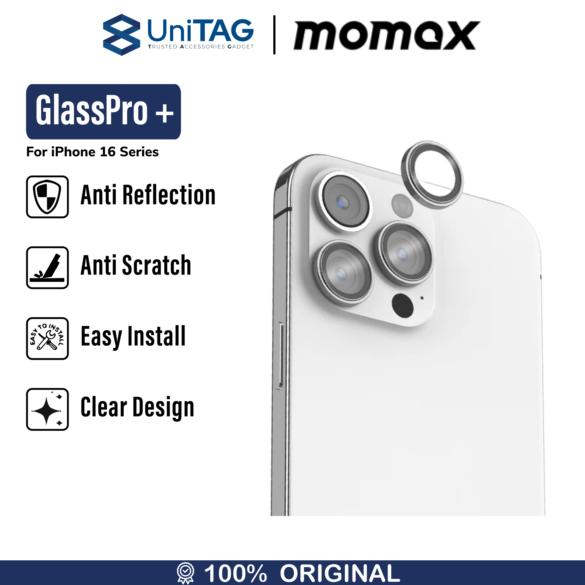Momax iPhone 16 Pro Max / 16 Pro Camera Lens Protector GlassPro+ Full Coverage - Transparent Black PZAP24CL1D