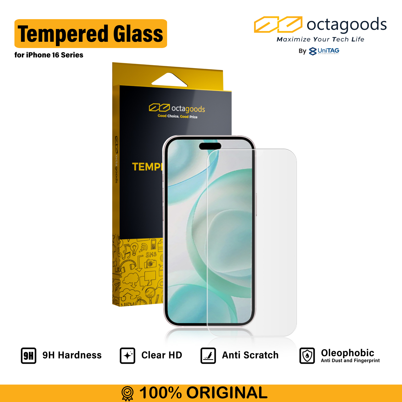 Octagoods iPhone 16 Pro Max Tempered Glass Full Cover - Clear PG7105