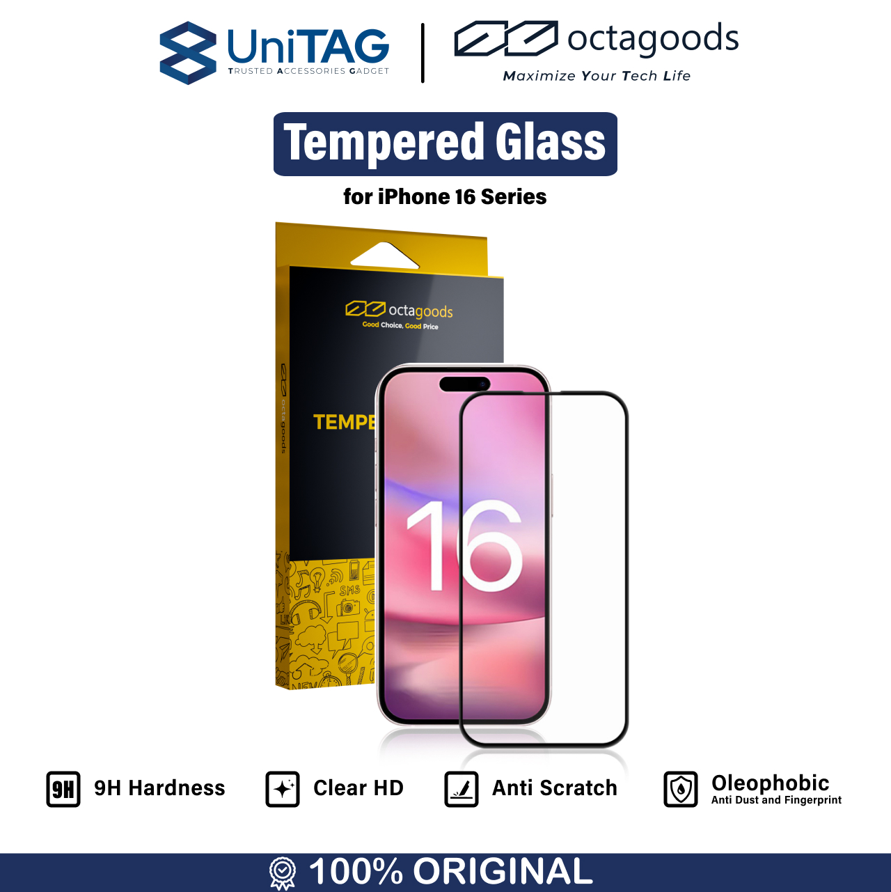 Octagoods iPhone 16 Tempered Glass Full Cover - Clear PG7102